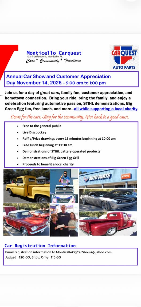 Flyer for Monticello Carquest Car Show and Customer Appreciation Event