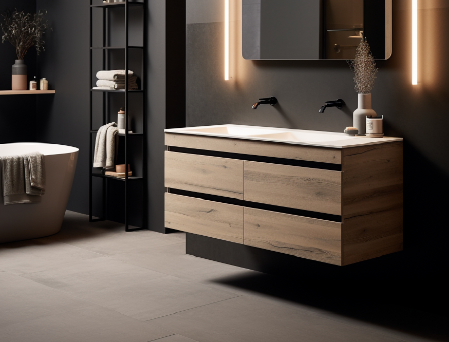 Lavabo integrado de diseño moderno en baño con detalles de madera y negro en Querétaro.