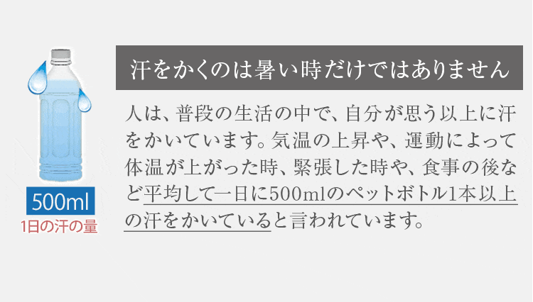 汗をかくのは暑いときだけではないことの説明図(1日の汗の量の目安)
