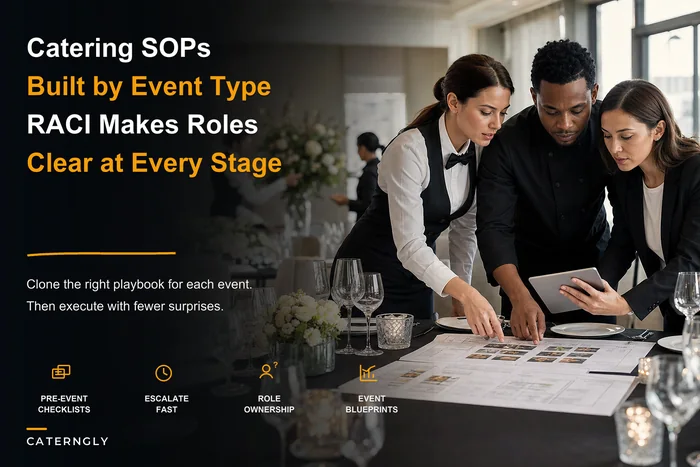 Catering operations playbook: map event-types to modular SOPs, RACI, and escalation paths