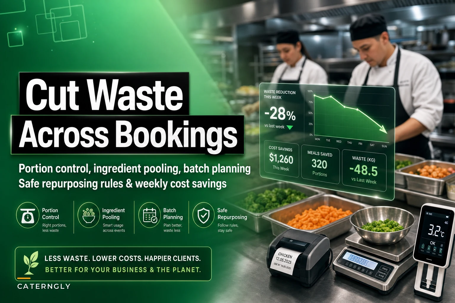Cut food waste across back-to-back bookings with portion control and repurposing rules