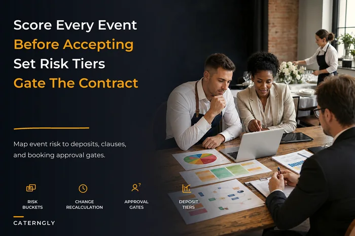 Event risk-scoring and booking acceptance policy for caterers