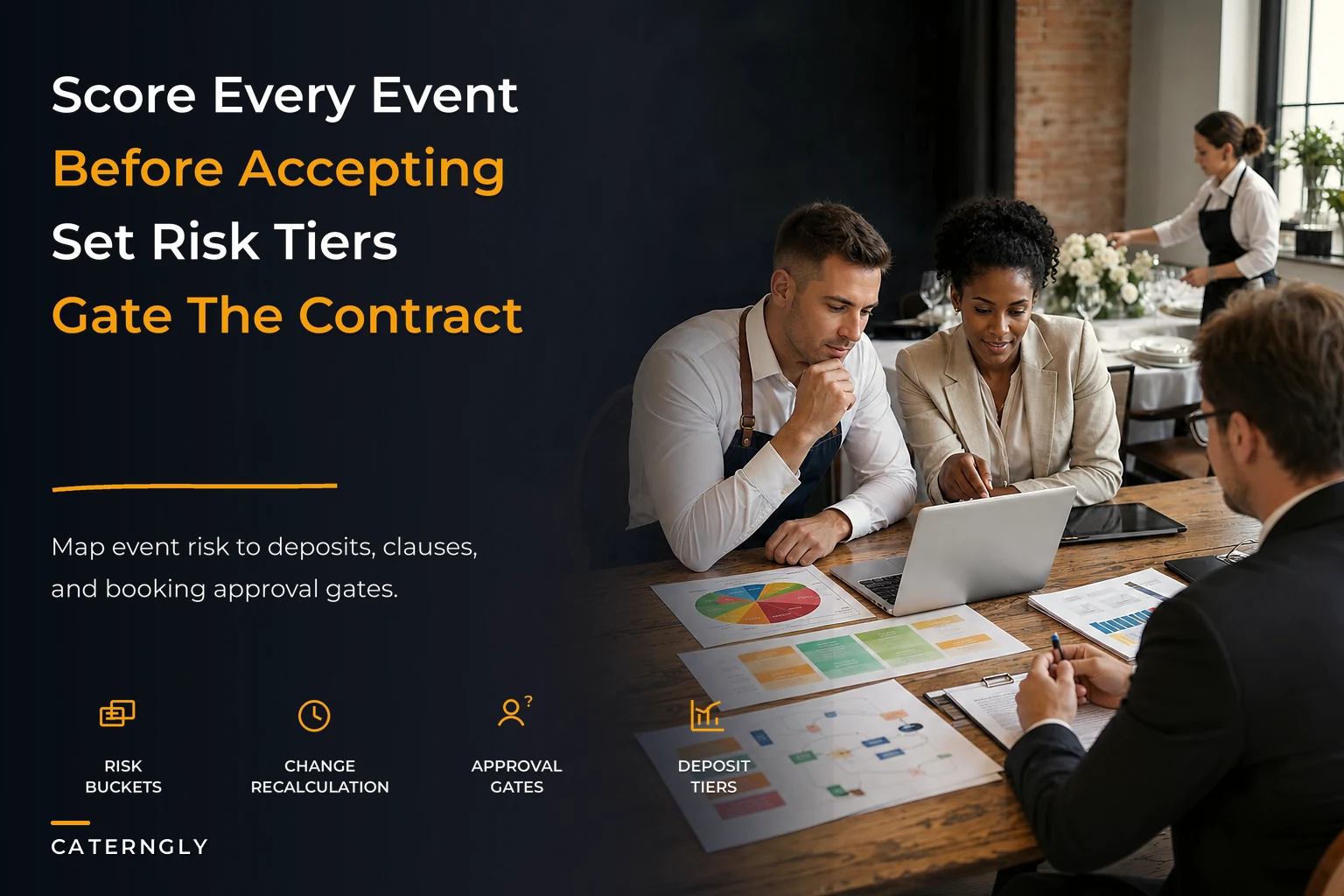 Event risk-scoring and booking acceptance policy for caterers