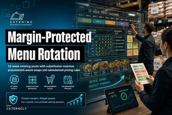 Margin‑protected menu rotation for caterers: 12‑week pools, substitution matrices and procurement rules