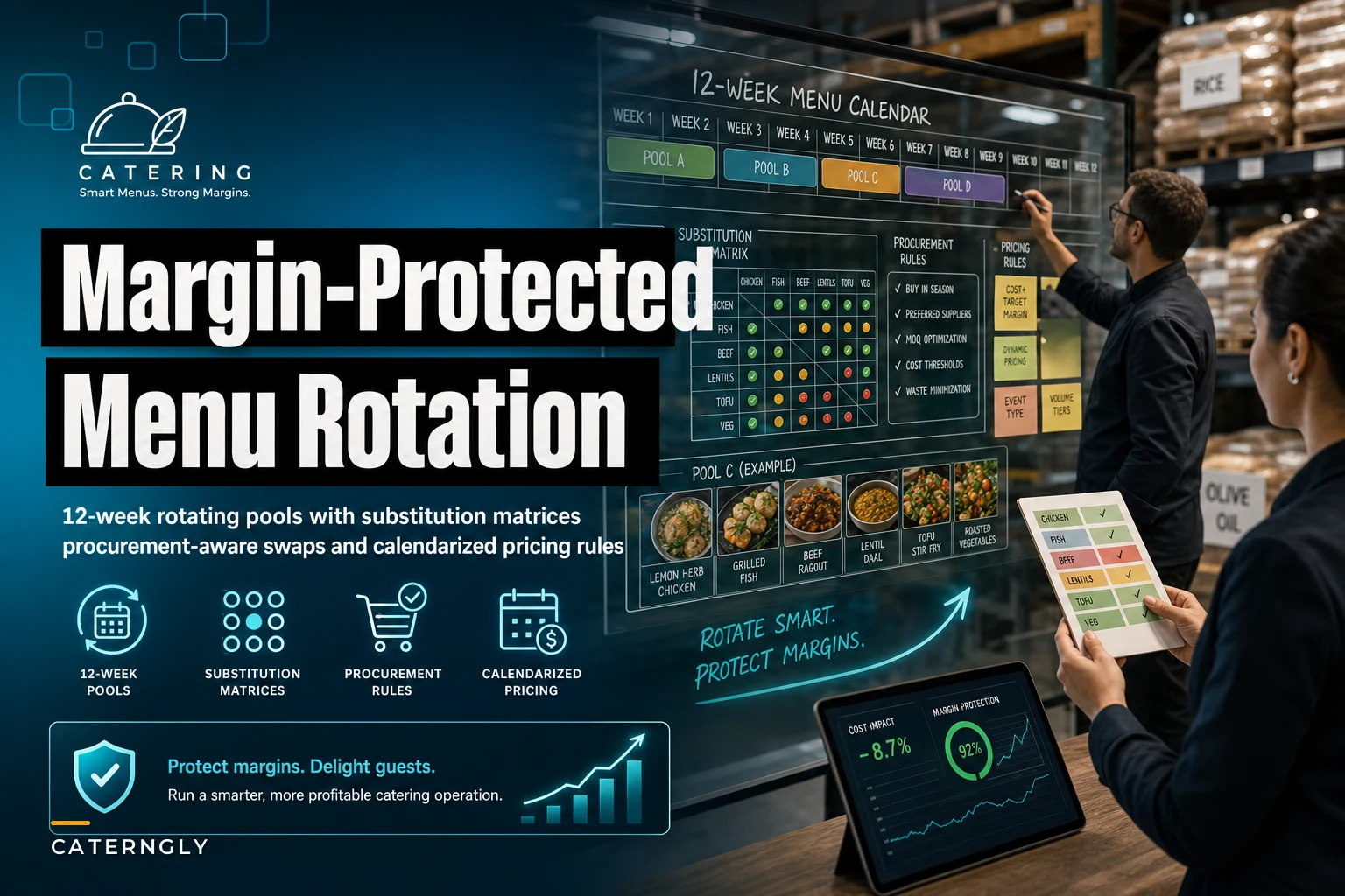 Margin-protected menu rotation for caterers: 12-week pools, substitution matrices and procurement rules
