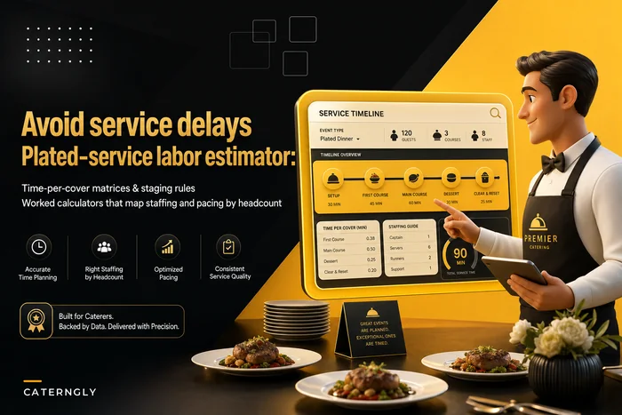 Plated‑service labor estimator for caterers: time‑per‑cover matrices and staging rules to avoid delays