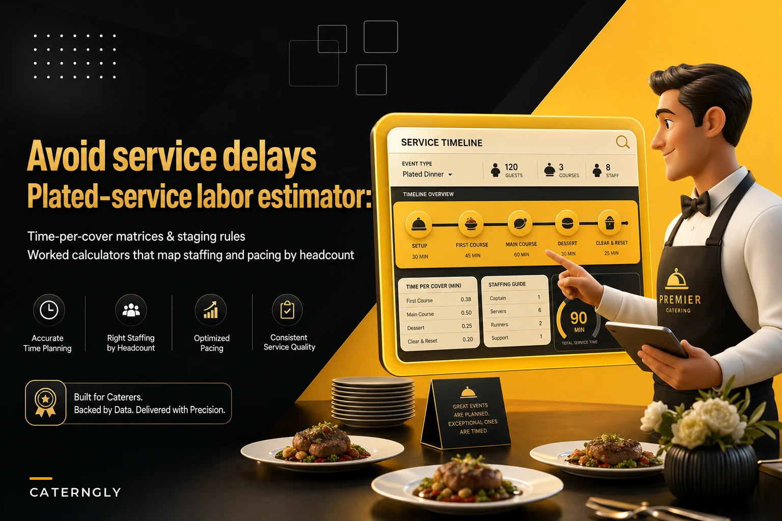 Plated‑service labor estimator for caterers: time‑per‑cover matrices and staging rules to avoid delays