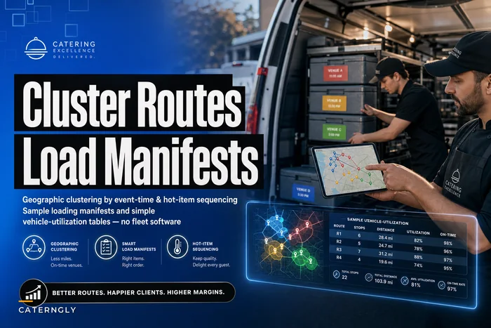 Route optimization for multi-venue catering: geographic clustering, loading manifests and hot-item sequencing