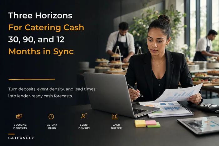 Three‑horizon event-driven cashflow model for caterers: map deposits, lead times and event density to lender‑ready forecasts