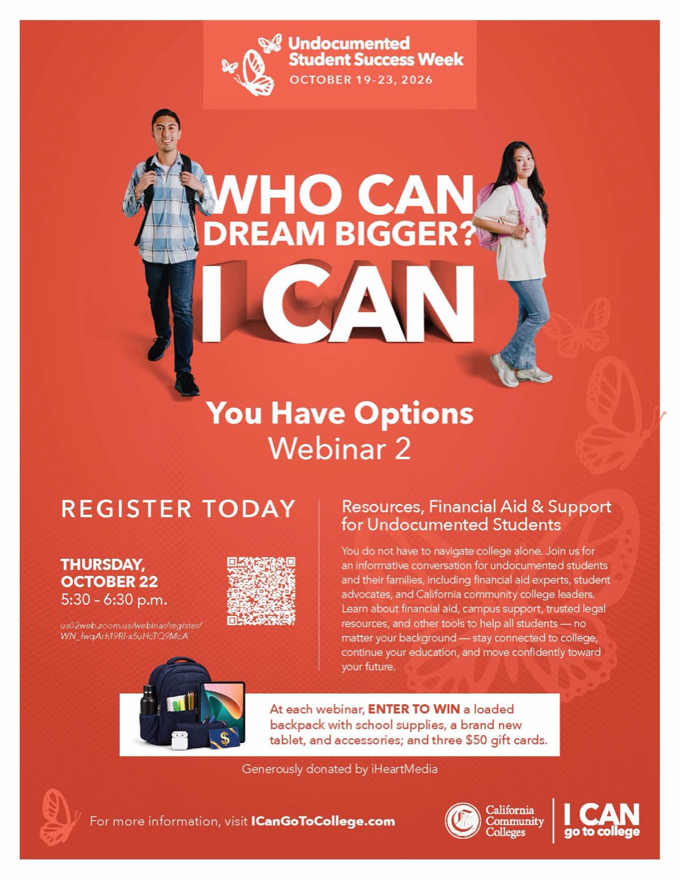 Orange Undocumented Student Success Week flyer featuring two students and the message “Who can dream bigger? I can.” You Have Options webinar, October 22, 2026, 5:30–6:30 p.m.