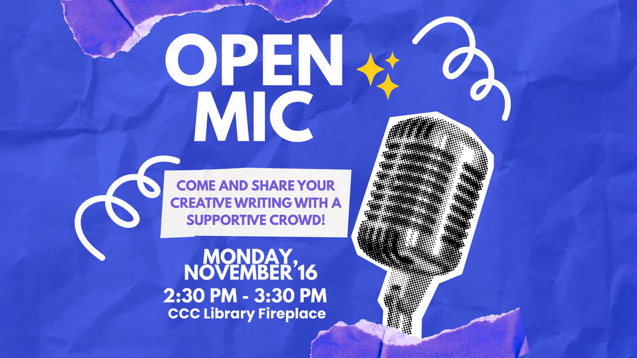 Old fashioned microphone and information about the Creative Writing Open Mic event