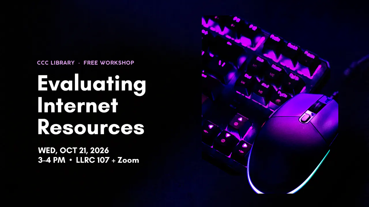 Evaluating Internet Resources. Purple illuminated keyboard and mouse on a dark background. Free CCC Library workshop.