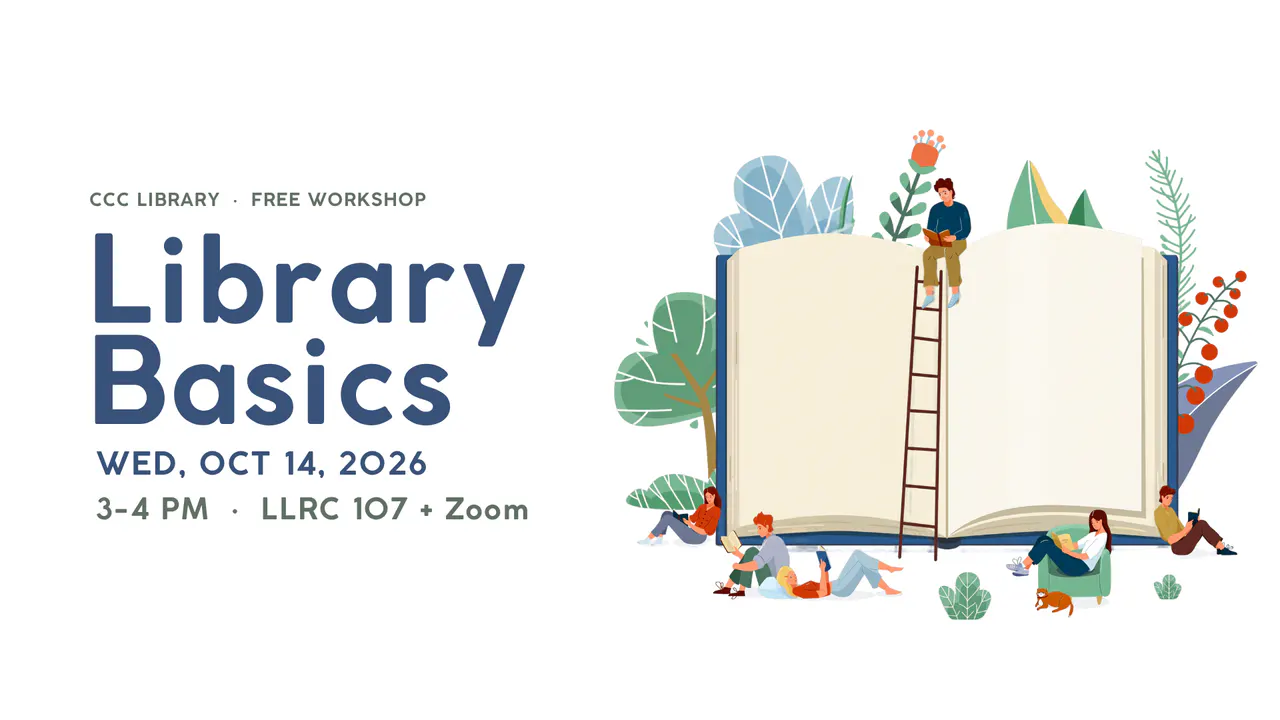 Library Basics workshop. Illustrated open book with people and plants. October 14, 2026, 3–4 p.m., LLRC 107 and Zoom.