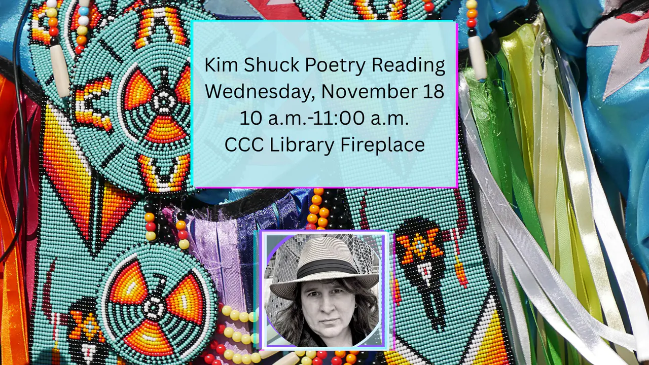 Native American beadwork background with an image of Kim Shuck and Information about the Event