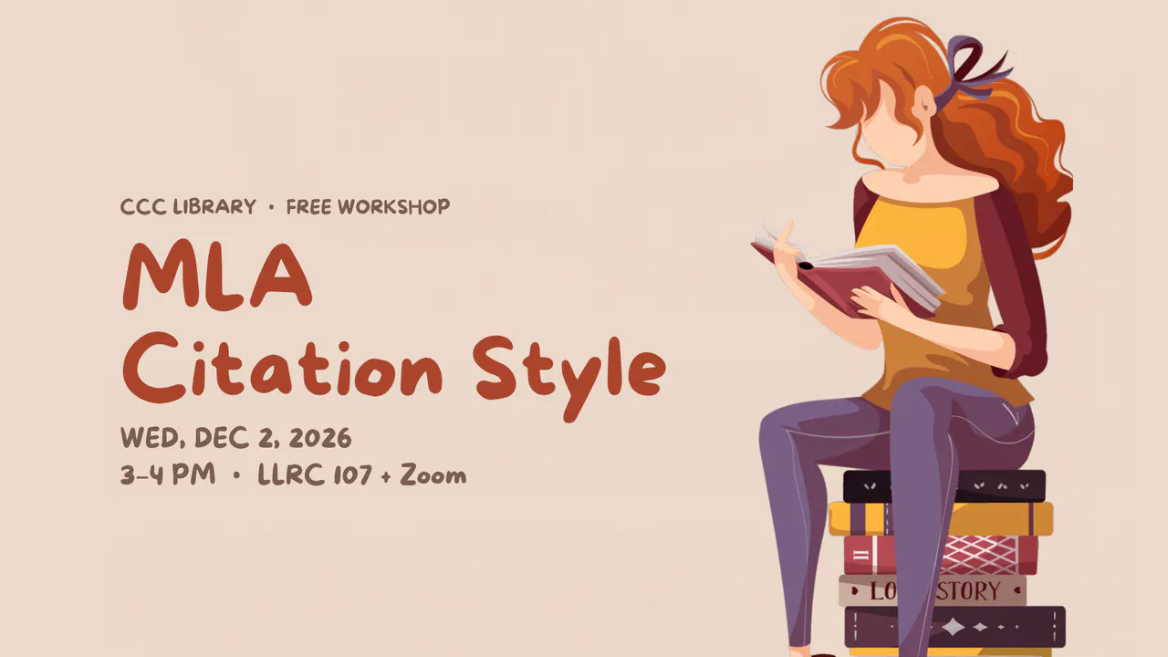 MLA Citation Style. A person reading while seated on a stack of books. Free CCC Library workshop.
