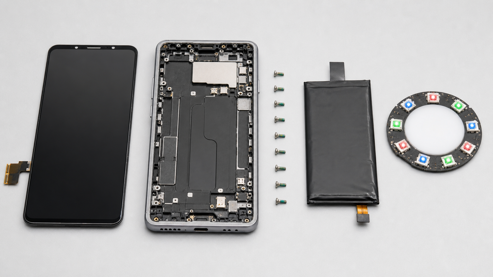 画面・電池・緑色の整備用ネジと8灯のHiLight構造を分けて示したスマートフォン修理図