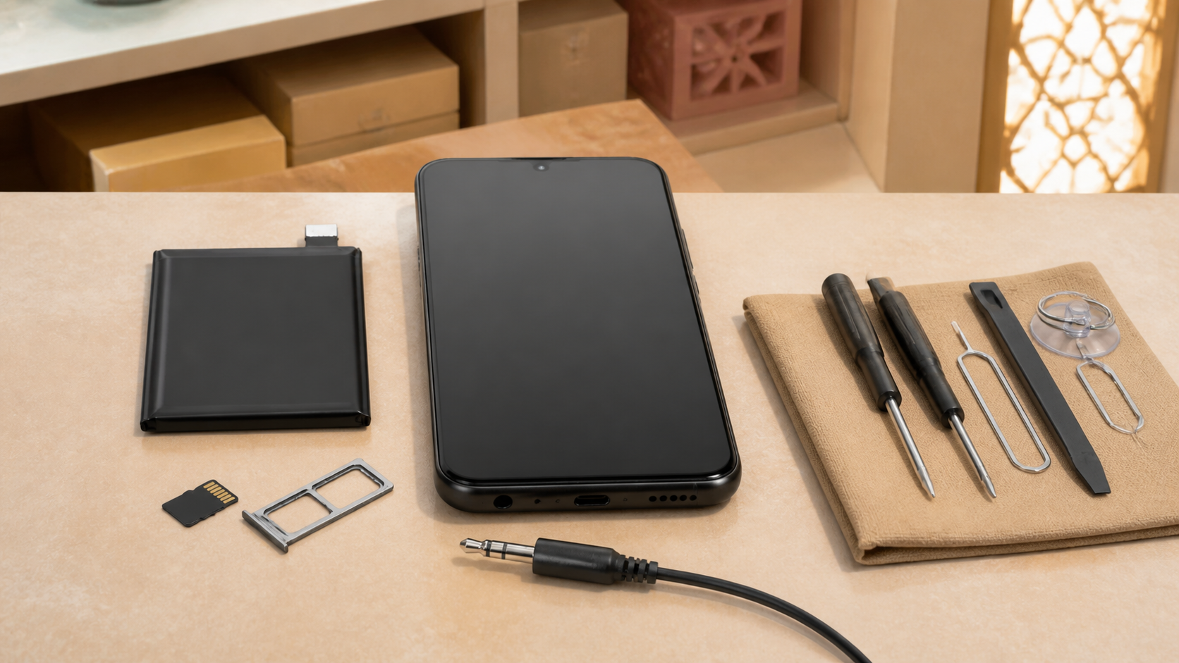 大容量電池・microSD・ハイブリッドSIM・3.5mm端子と整備工具で低価格5Gスマートフォンの継続利用条件を示す構図