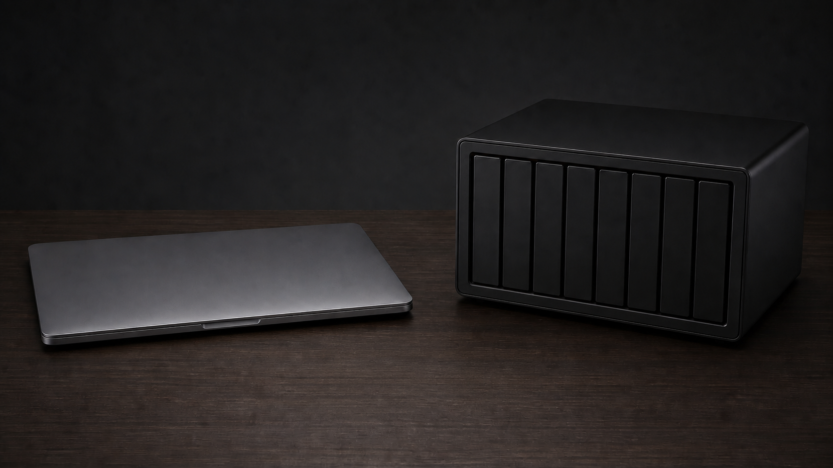 閉じた高性能ノートPCと8ベイ級デスクトップNASを並べた保守性の概念写真