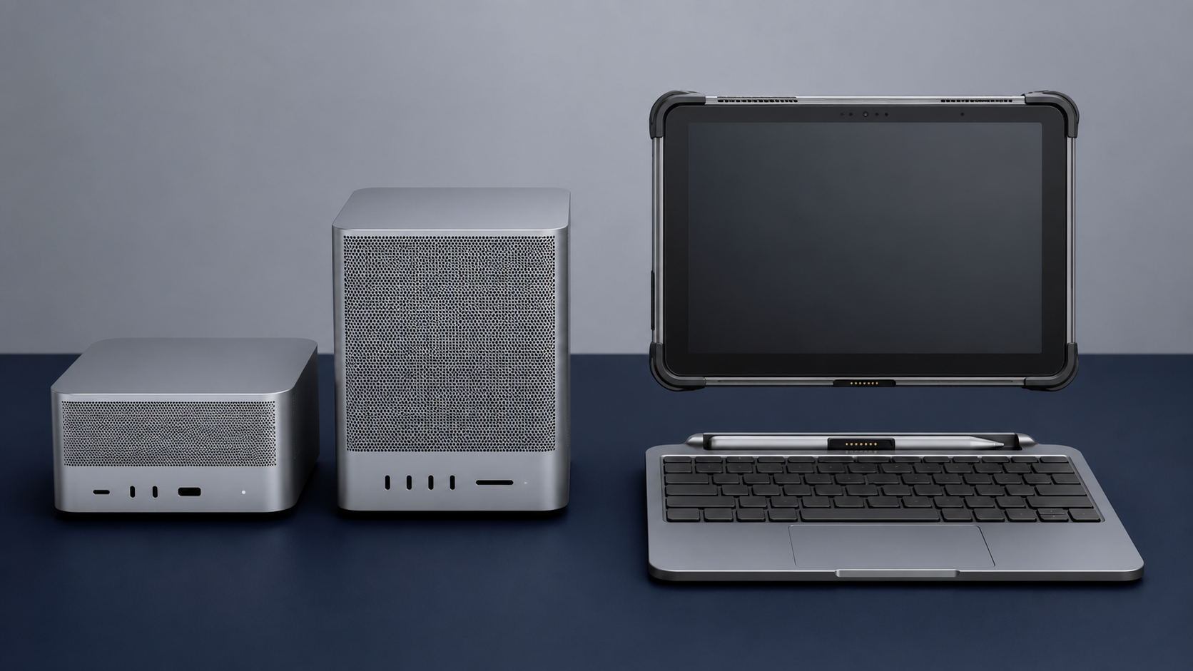 小型デスクトップ2台と無刻印キーボードへ着脱する堅牢タブレットを並べた比較図