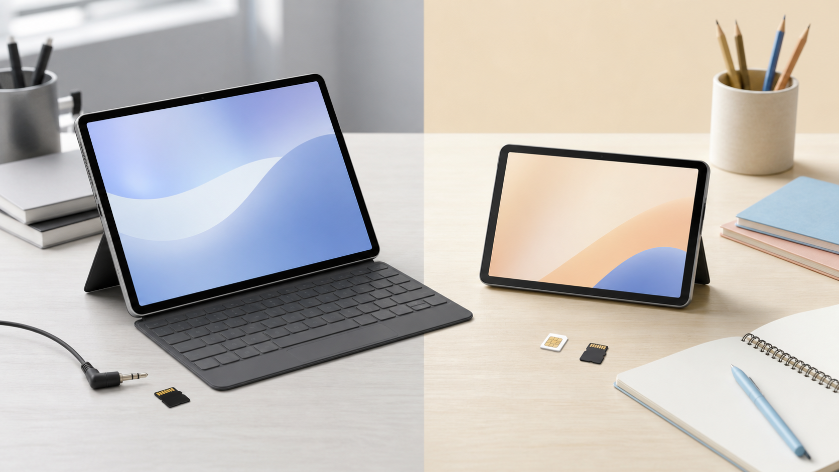 キーボード接続対応の11型業務タブレットとSIM対応9.7型学習タブレットを比較した編集画像