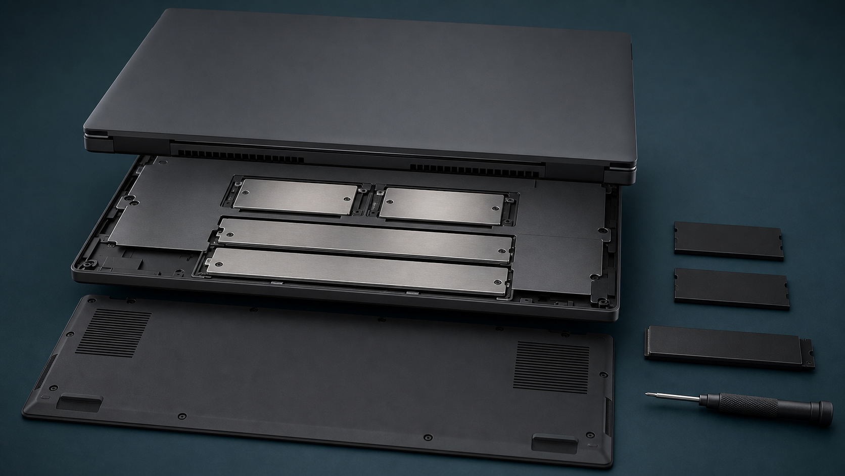 2基のメモリー区画と2基のM.2ストレージ区画を持つノートPCの拡張構造