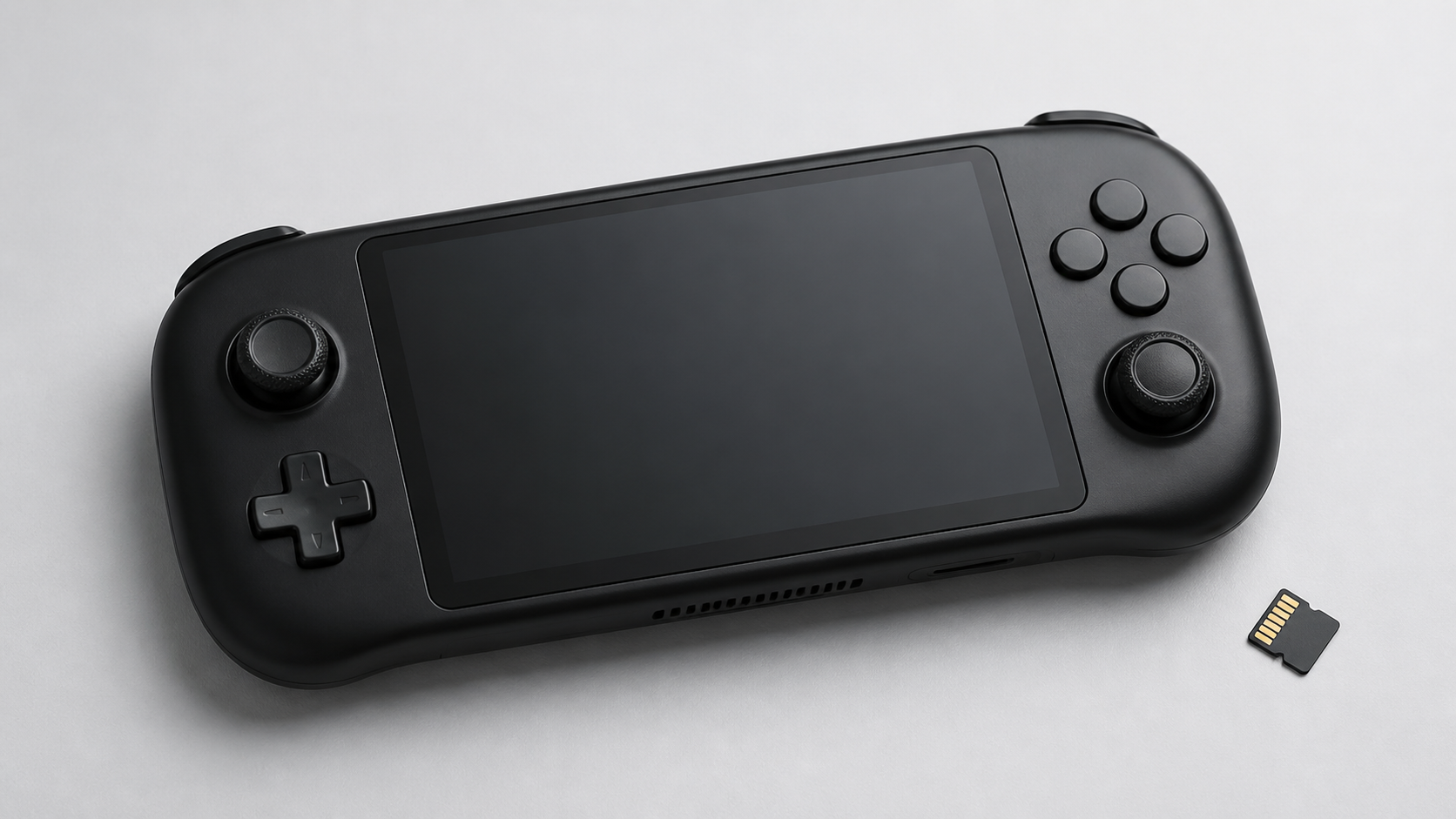 5.5型比率の画面と無刻印コントローラー、microSDで携帯ゲーム機の構成を示した編集画像