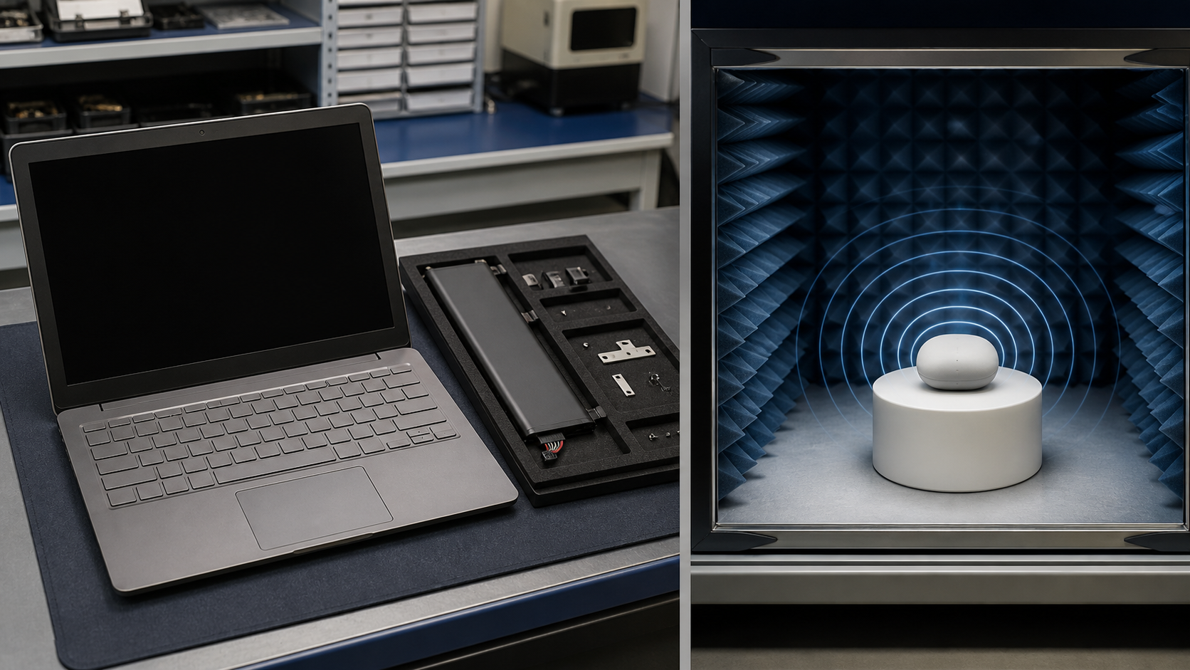 旧型ノートと交換用部品、別区画の低電力無線機器認証試験を対比した編集画像