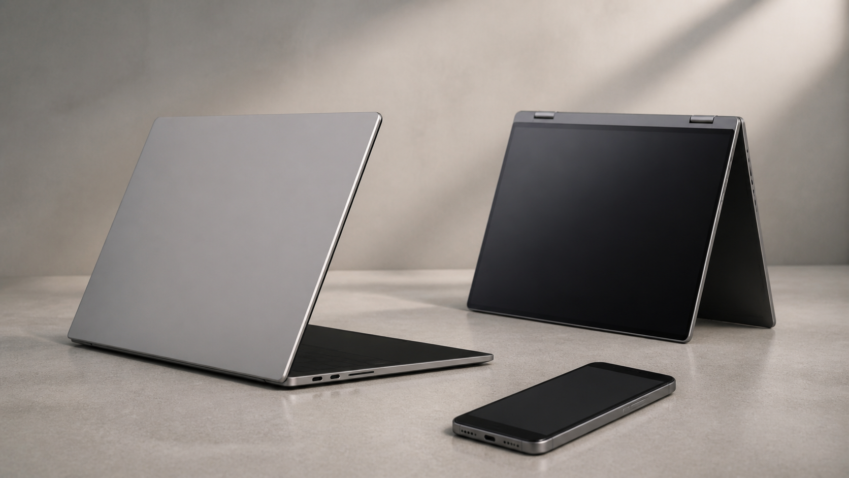 薄型14型ノート、テント形態のコンバーチブル、狭額縁コンセプトスマホを比較した編集画像