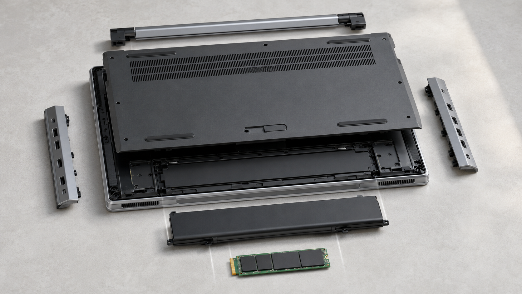 交換式電池とSSD、着脱ヒンジ、左右のI/Oカバーを並べた修理優先ノートPCの概念図