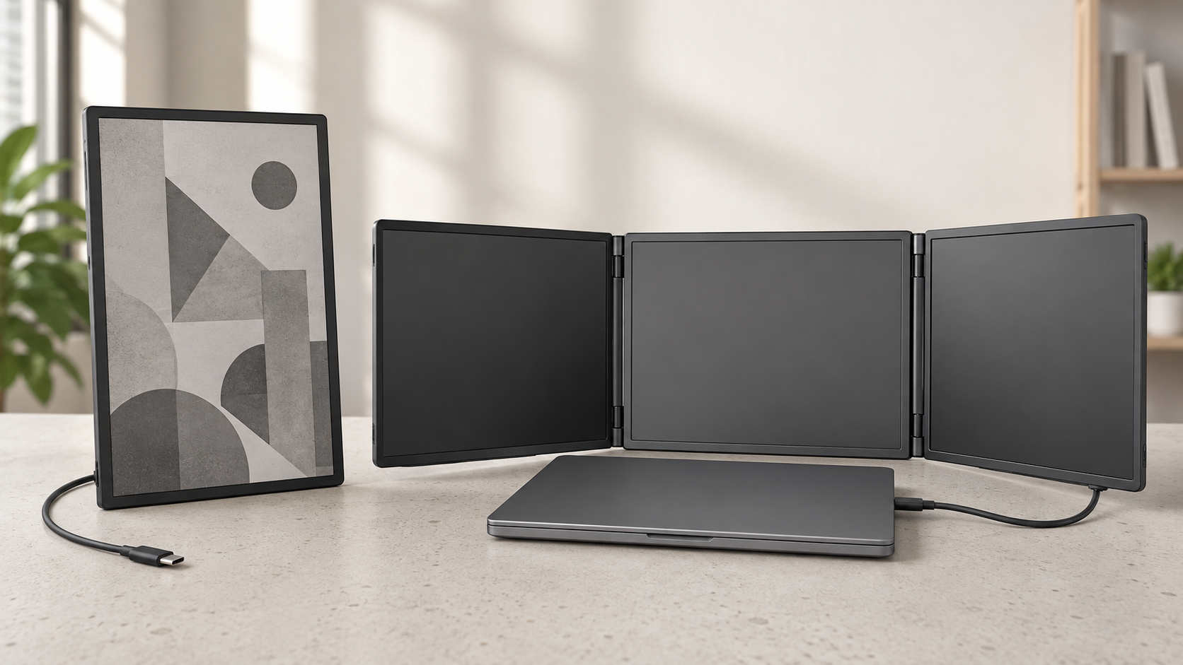無給電で像を保つ電子ペーパー画面とUSB-C一本でつながる3面外付け画面の比較イメージ