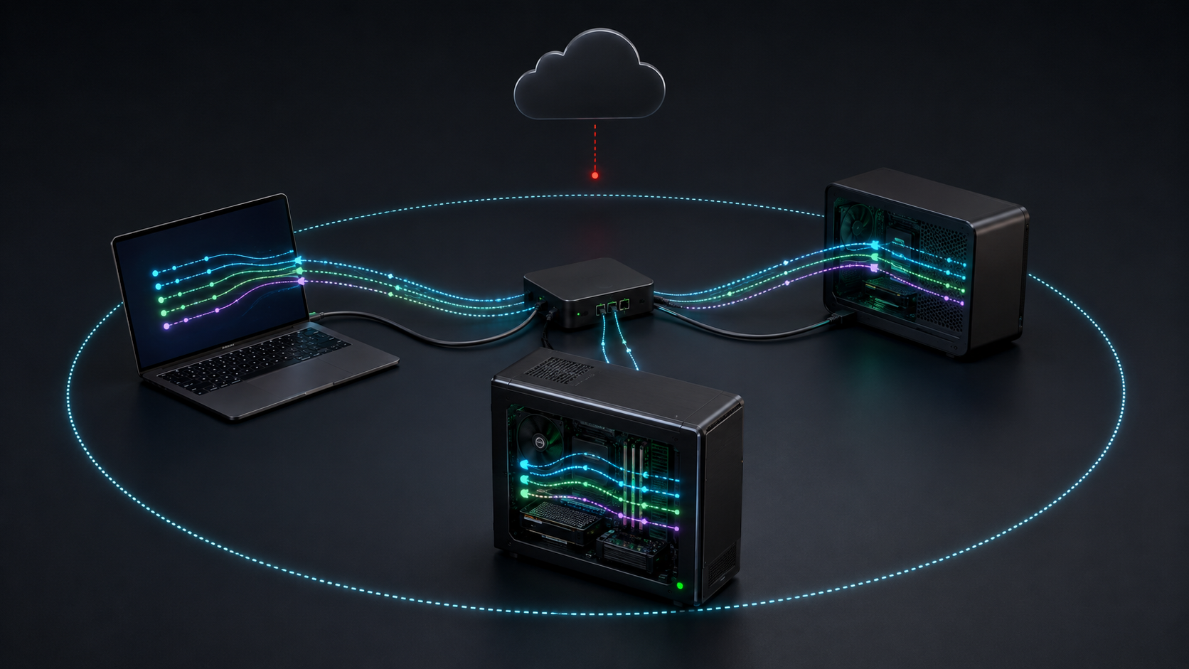 複数の独立PCへローカルAI推論を振り分けるネットワークの概念図