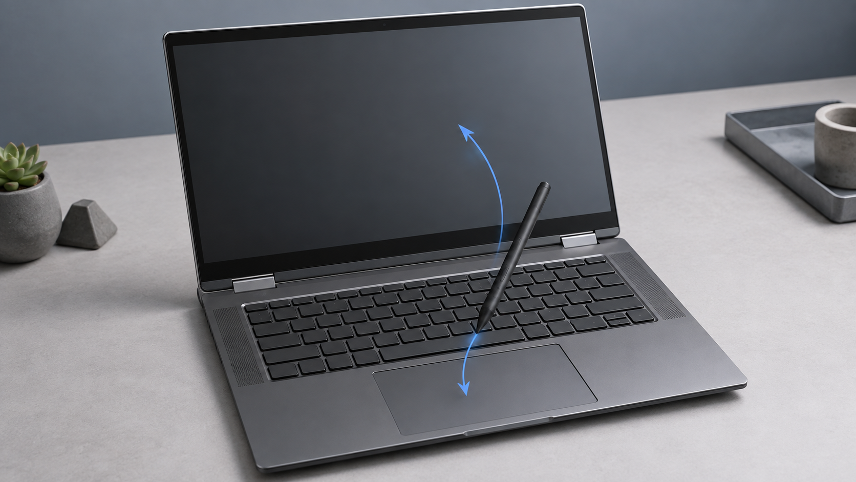 画面と独立したタッチパッドの両方をペン入力面にする2-in-1 PCの概念図