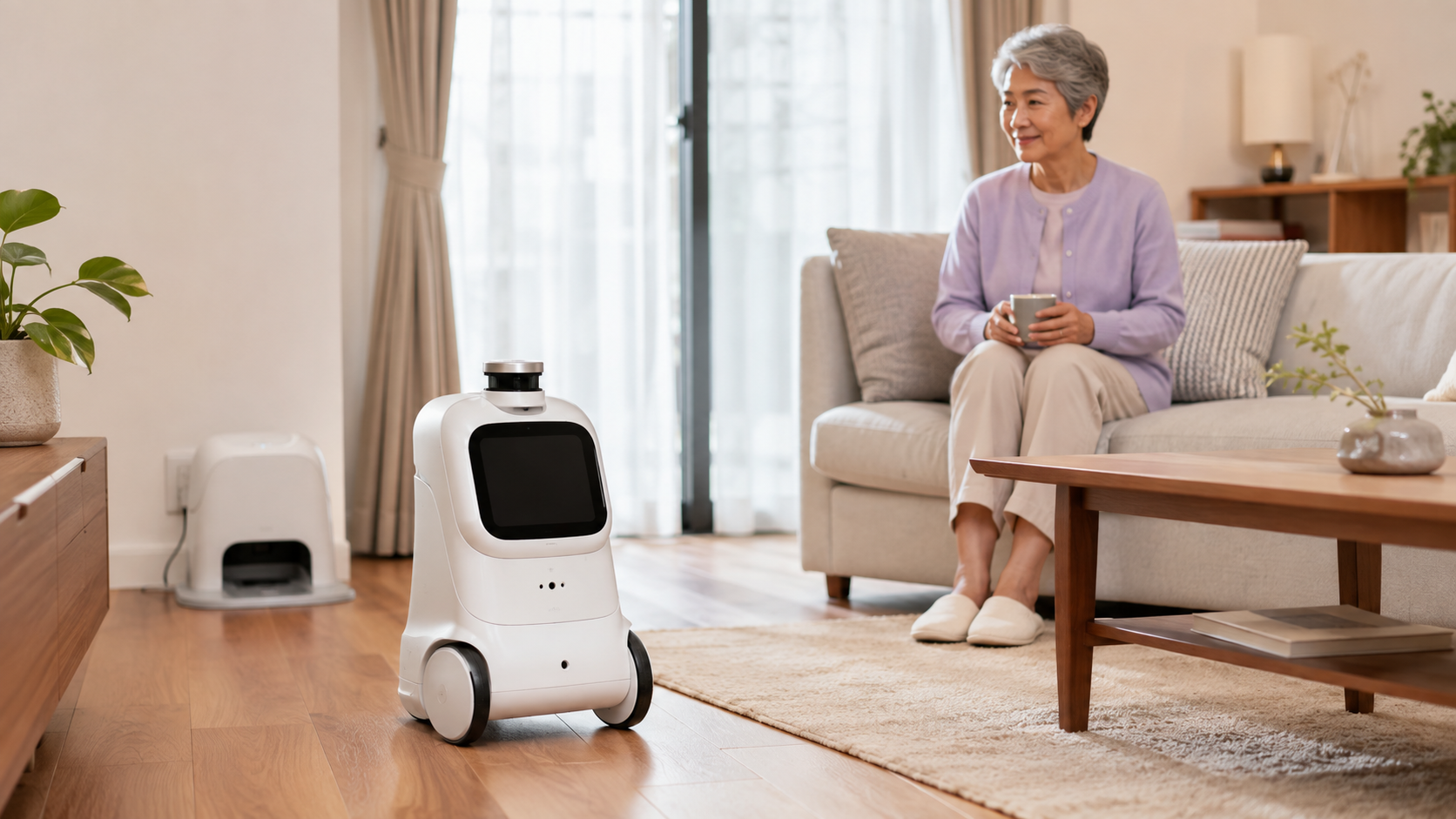 高齢者のそばを移動して見守る画面付き車輪型ホームロボット
