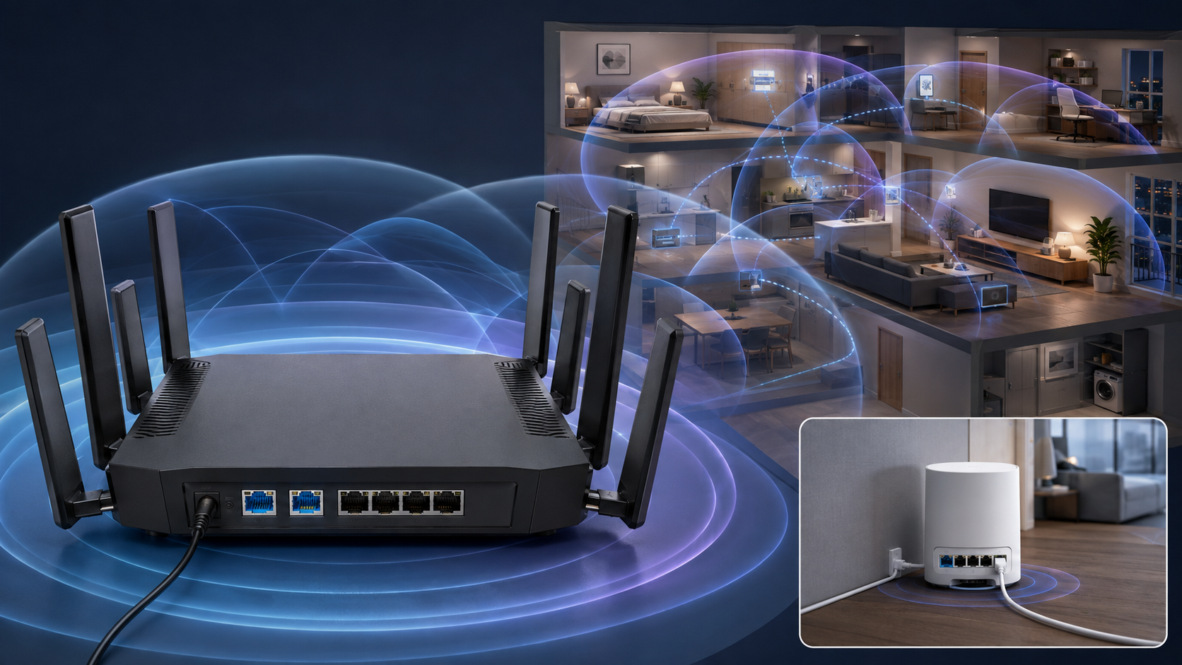 8本アンテナのルーターと集合住宅内の安定接続を示すWi-Fi 8概念図