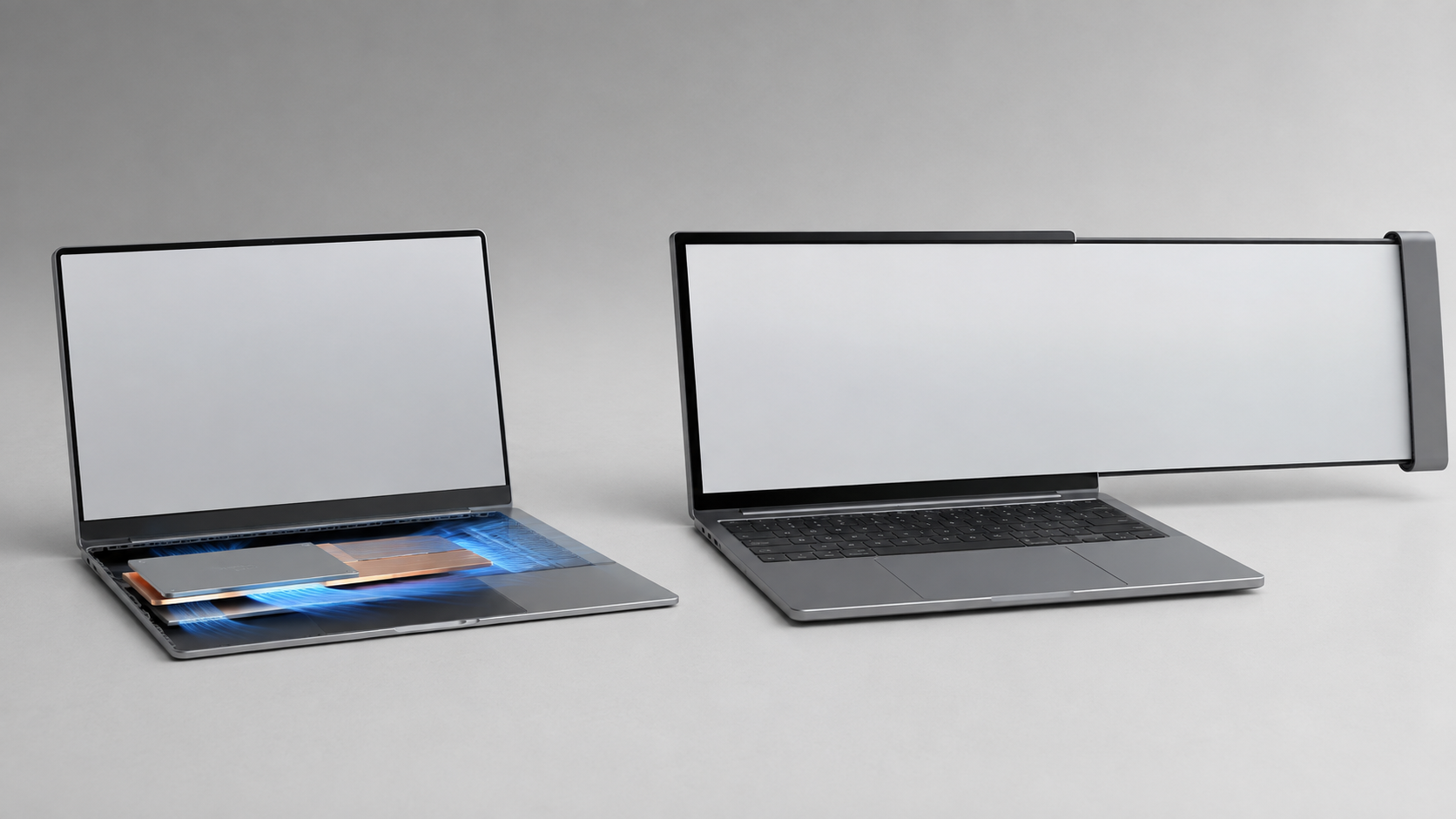固体冷却を使う薄型ノートPCと横方向へ画面が広がるノートPCの概念図