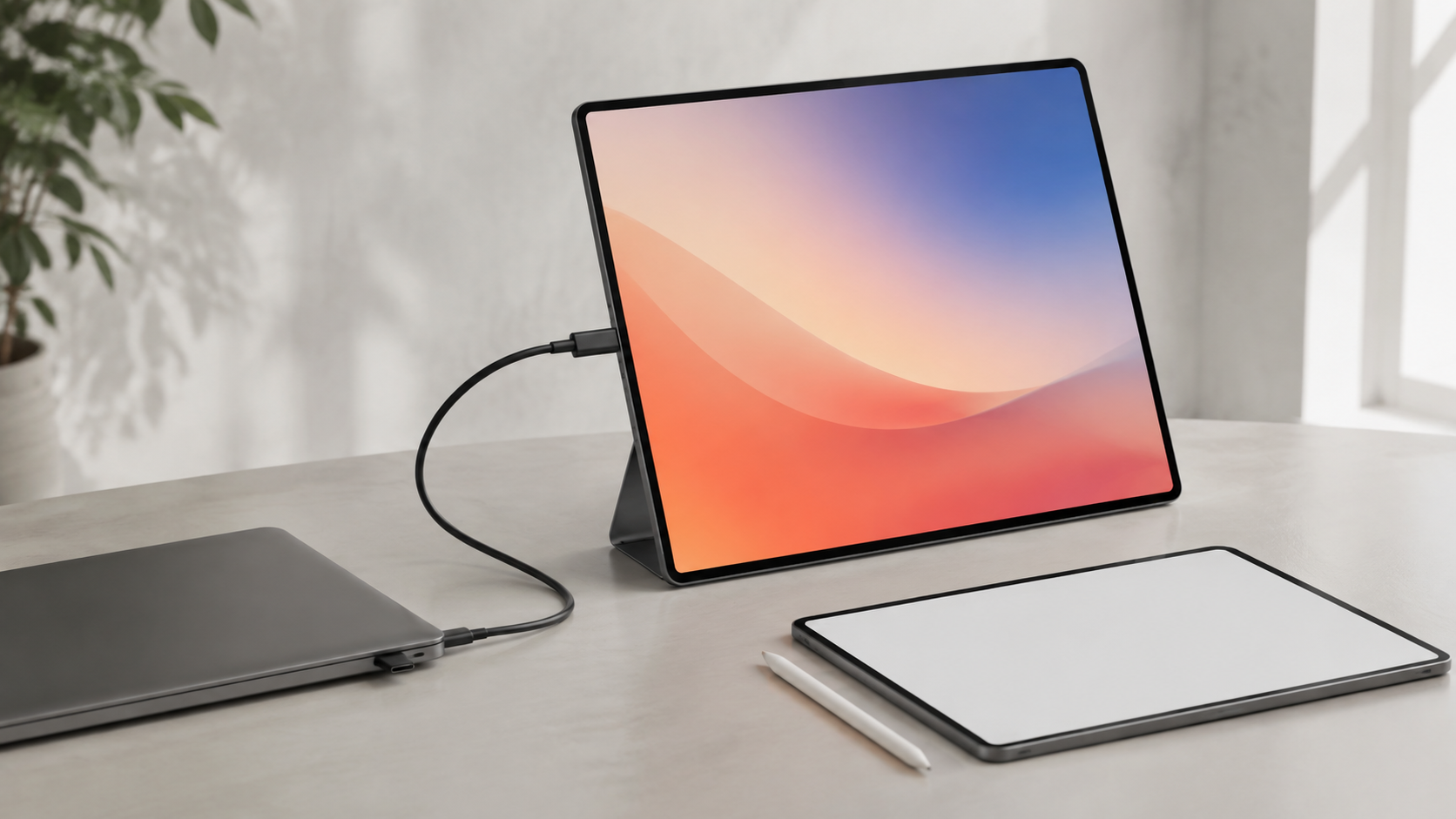 USB-Cで大型タブレットを外部画面として接続し薄型タブレットを併置した利用イメージ