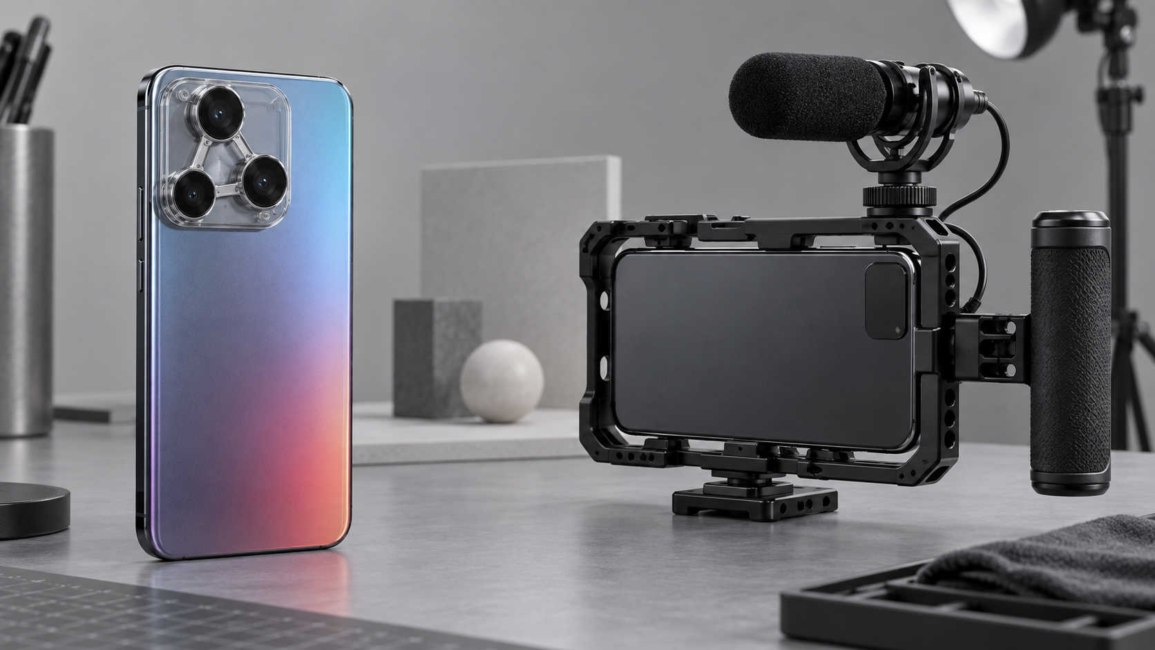 透明なカメラカバーと光彩背面のスマートフォン、動画撮影ケージとマイクを備えたスマートフォン