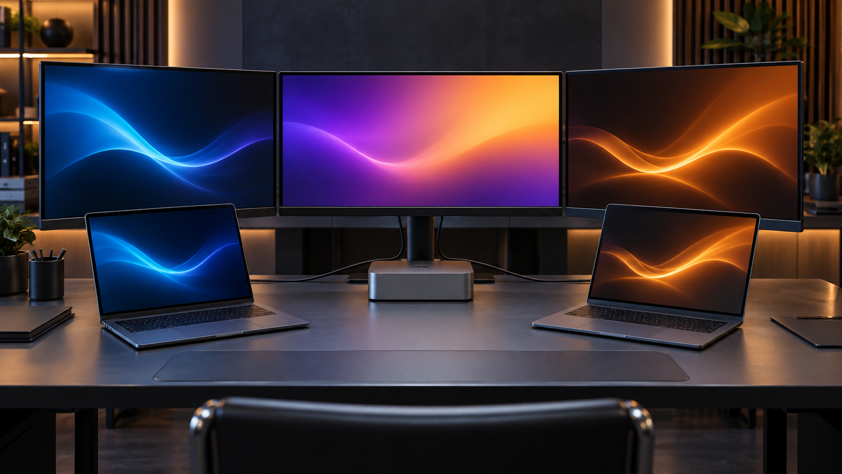 3台の無表示モニター、2台の制作ノートPC、小型AIボックスを配置した映像制作デスク