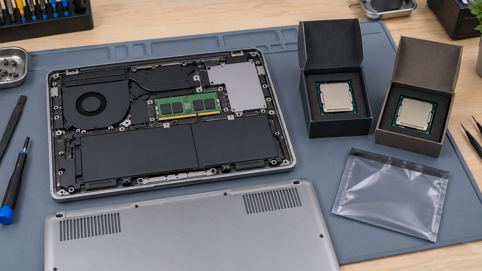 開いたノートPC、交換可能なLPCAMM2メモリー、2個の無地CPUパッケージを並べた作業台