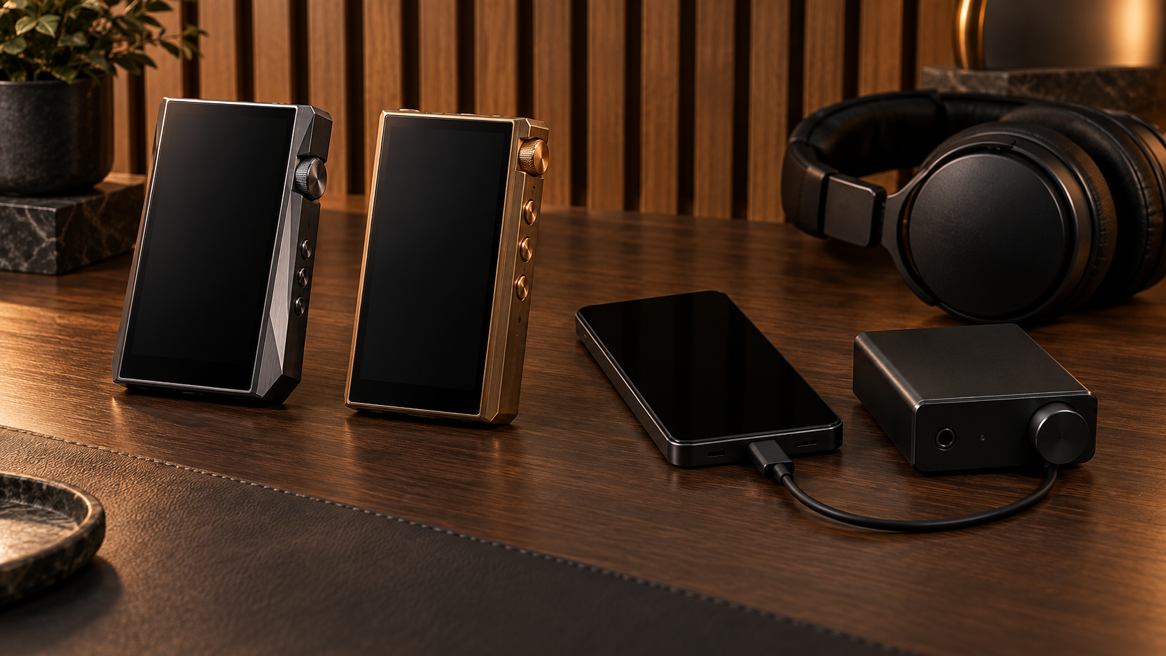 2台の携帯音楽プレーヤー、無表示のデジタルトランスポートとDAC、ヘッドホンを分離したオーディオ卓