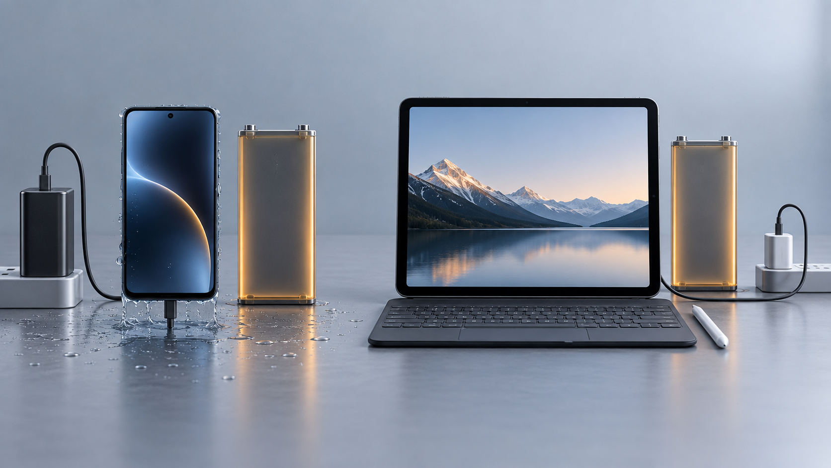 8,300mAh級の電池を積むスマートフォンとLTEタブレットを充電方式とともに比較した概念画像