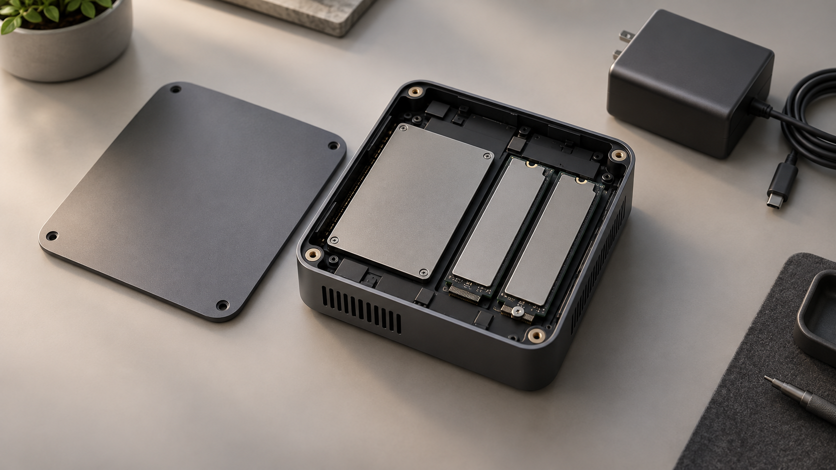 オンボードメモリーと2基の交換可能なM.2 SSDを示す小型PCの内部概念画像