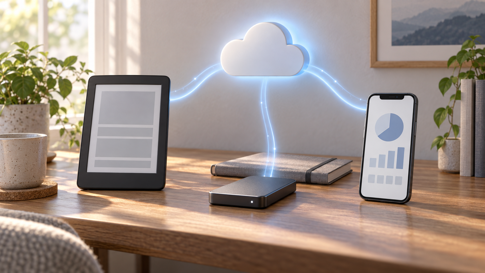 電子書籍リーダーとスマートフォンの同期修復前にバックアップする流れを示す概念画像
