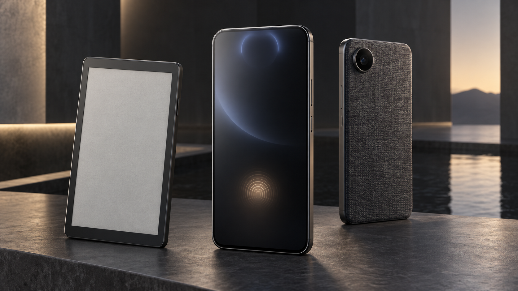 3D生体認証を抽象化したスマートフォンと電子ペーパー端末、素材感のある次期スマートフォン