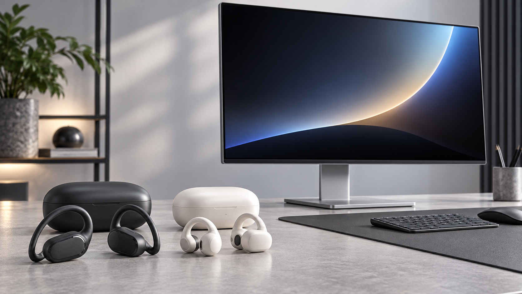 スポーツ型とカフ型の開放型イヤホンを高リフレッシュOLEDモニターと並べた比較