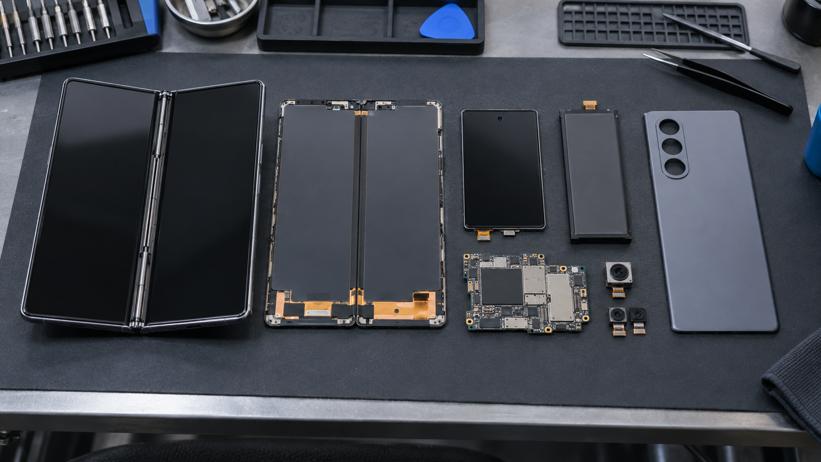 折りたたみスマートフォンと内外画面、メインボード、電池、背面部品を並べた修理台