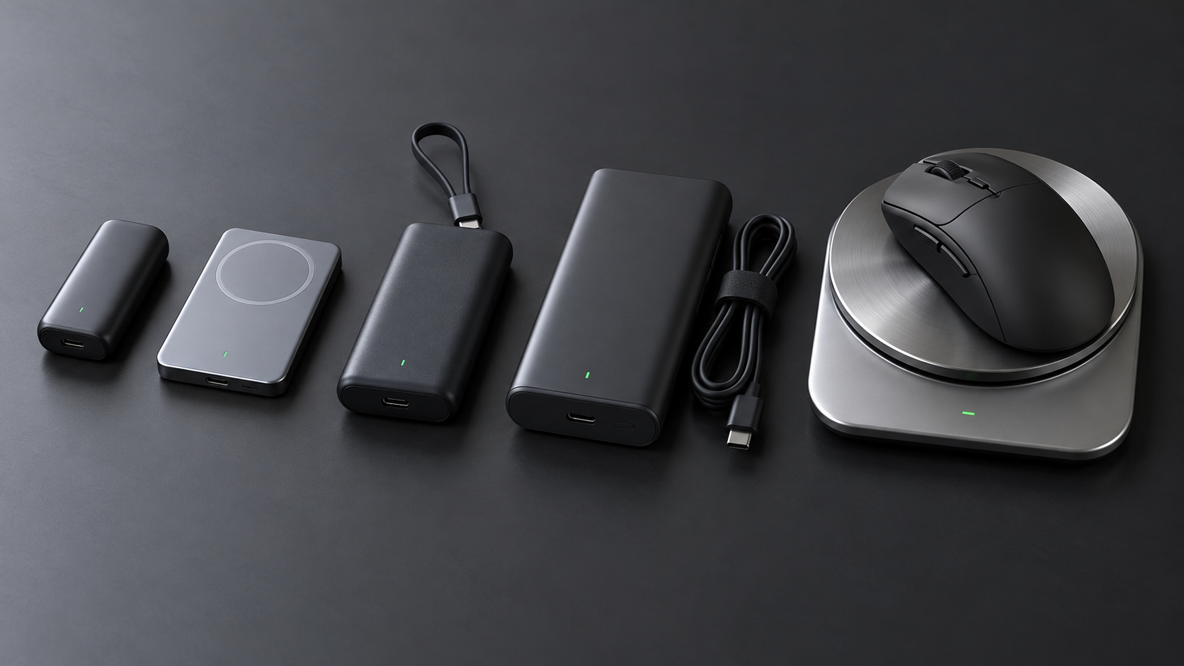 容量の異なる携帯電源と、計量台に載せた軽量ワイヤレスマウス