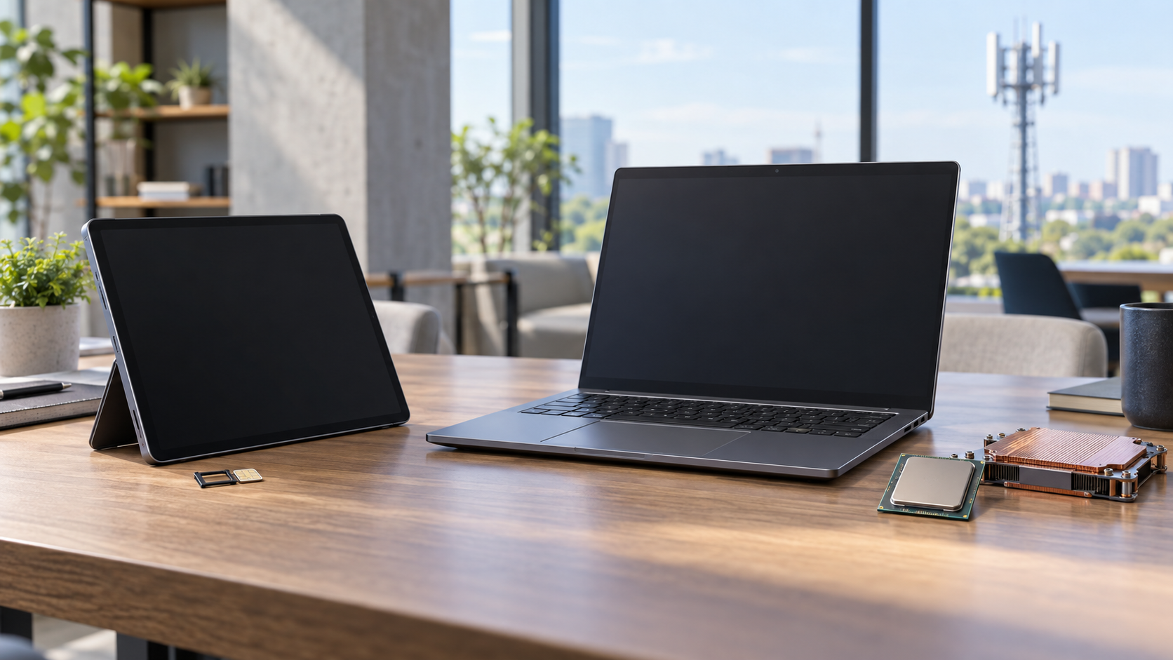 通信対応タブレットと企業向けAIノート、通信塔と演算部品を配した作業空間