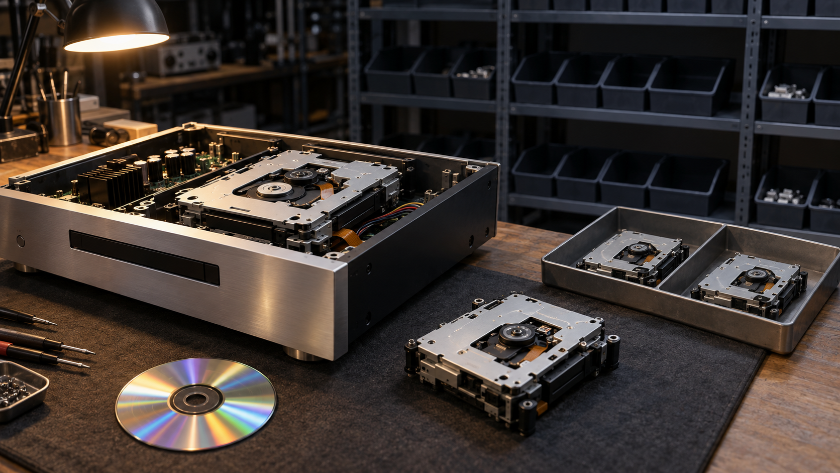 高級CDトランスポートの内部と少数の予備光学ドライブ、空の部品棚
