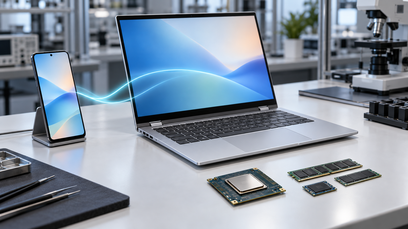 ノートPCとスマートフォンの連携、PC向けSoCとメモリーを示す検証台